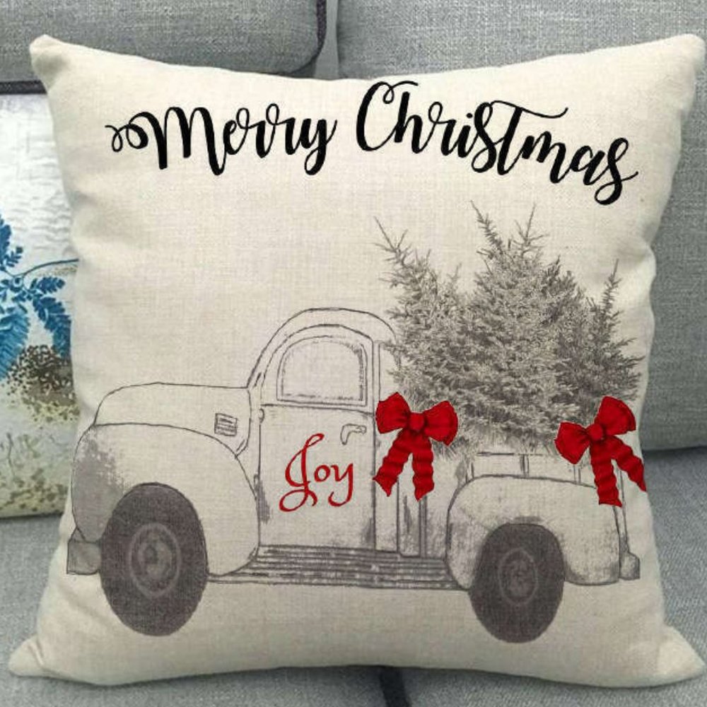 New MERRY CHRISTMAS Vintage Truck Pillow Cover Red
